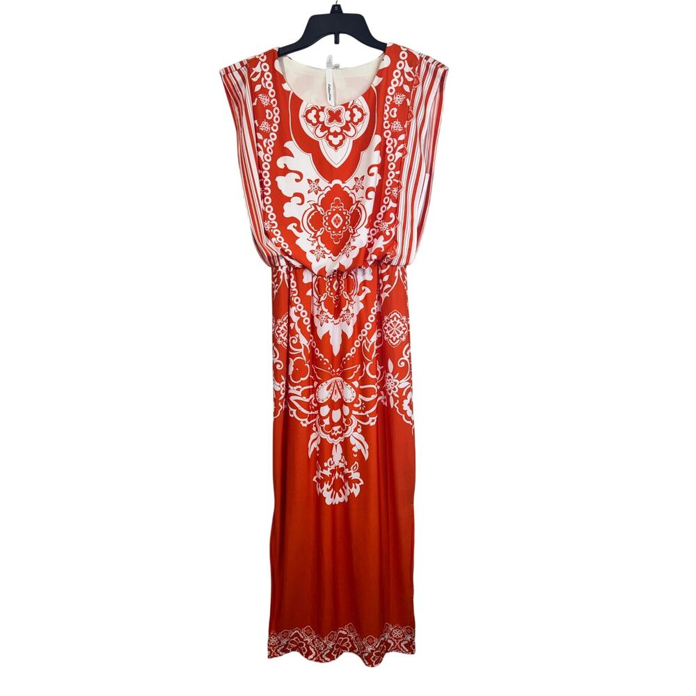NY Co. Orange Empire-Waist Sleeveless Maxi Dress White Bandana Print Size Small